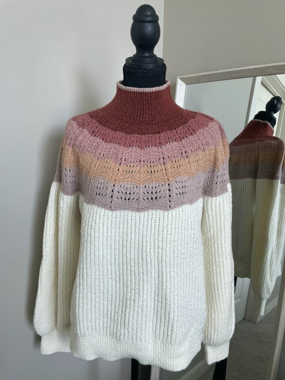 Ombre Knit Sweater – High Neck Ribbed Pullover – Cozy Gradient Yoke